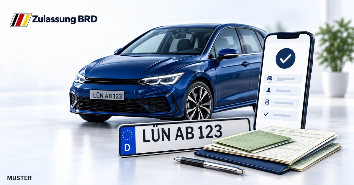 Online Fahrzeugzulassung in Lünen: Musterkennzeichen LÜN AB 123, Auto und Fahrzeugpapiere und Smartphone. Illustration mit Logo von Zulassung BRD.